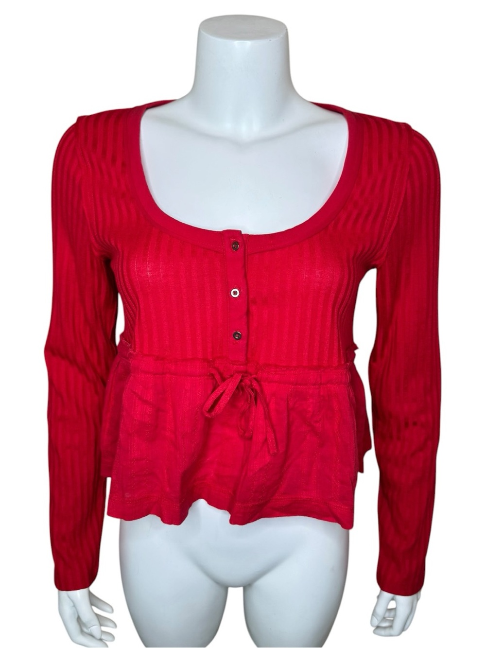 Pilcro Anthropologie Peplum Cropped Babydoll Top M Tie Waist Scoop Red